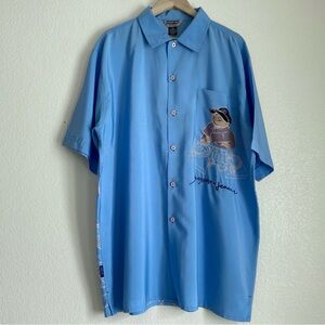 Y2K Sunny Boy Jeans embroidered polyester button down collared shirt, blue, 2XL